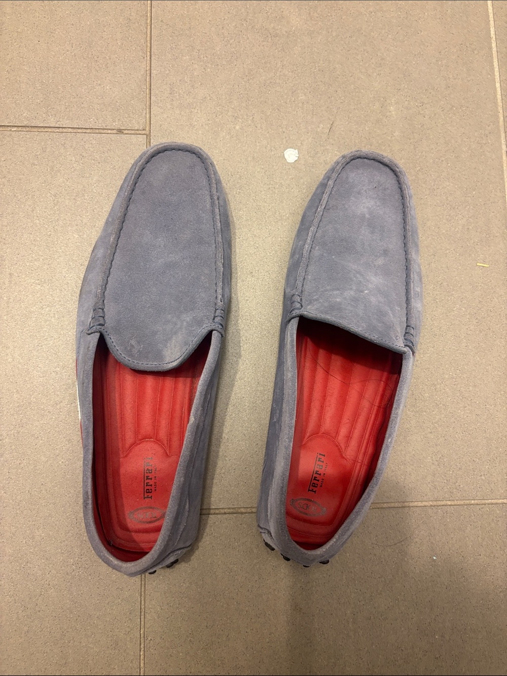 Tod's Gray Suede Slip-On Loafers with Red Insole